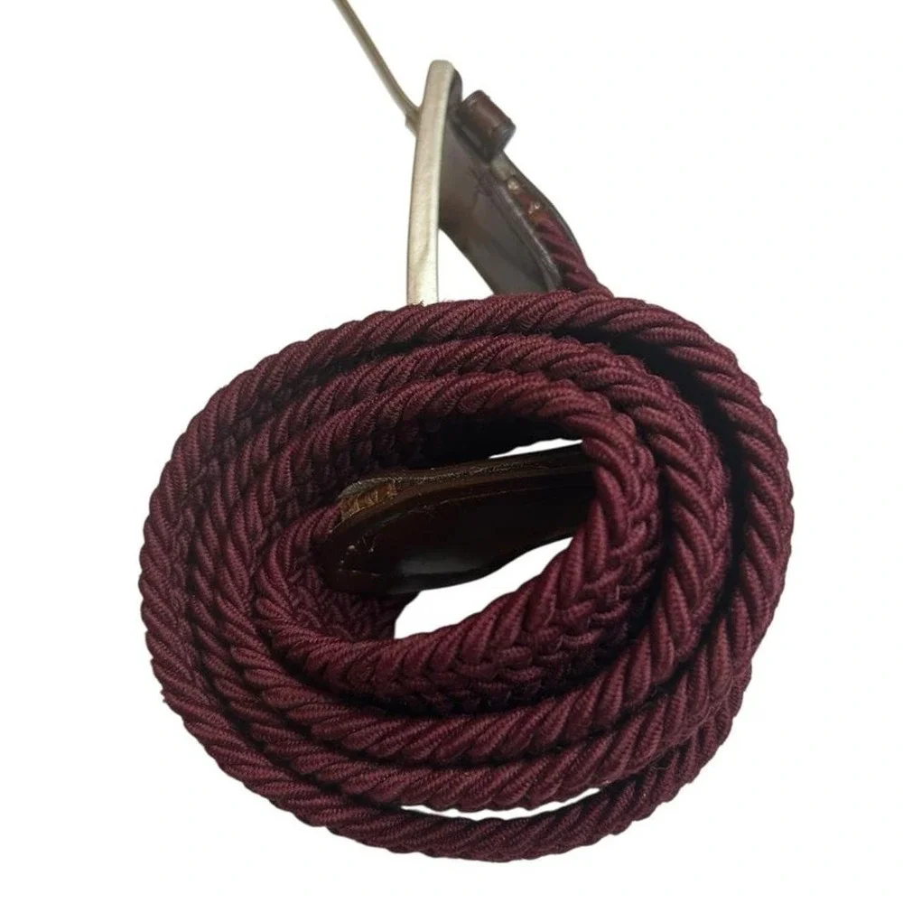 Woven Men's Belt Burgundy Braided Stretch Preppy Equestrian Golf Silver Buckle